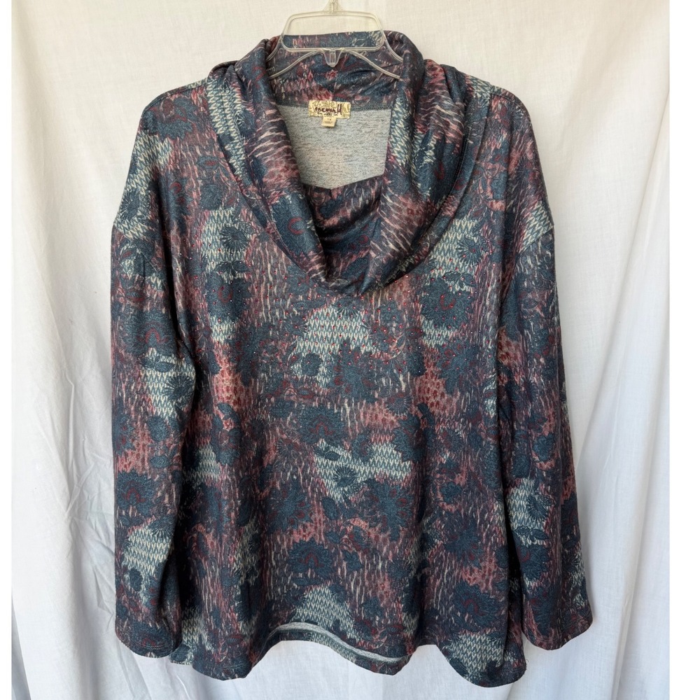 One World Boho Cowl Neck Cozy Fall Top Blue Burgundy Floral Rhinestone Womens 1X